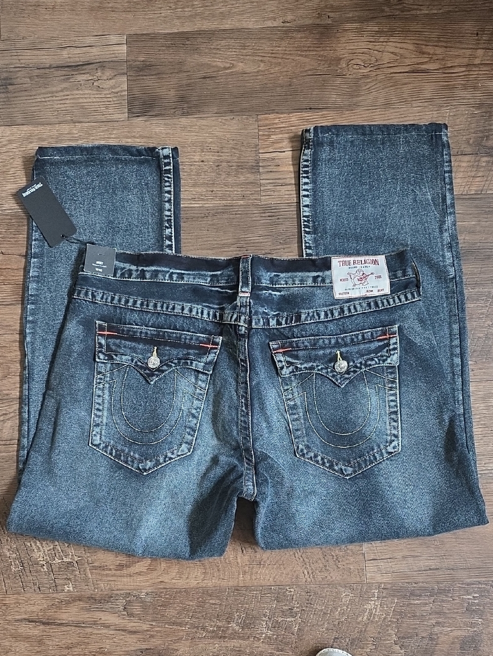 True Religion RICKY Blue Relaxed Straight Jeans with Horseshoe Pocket Stitching